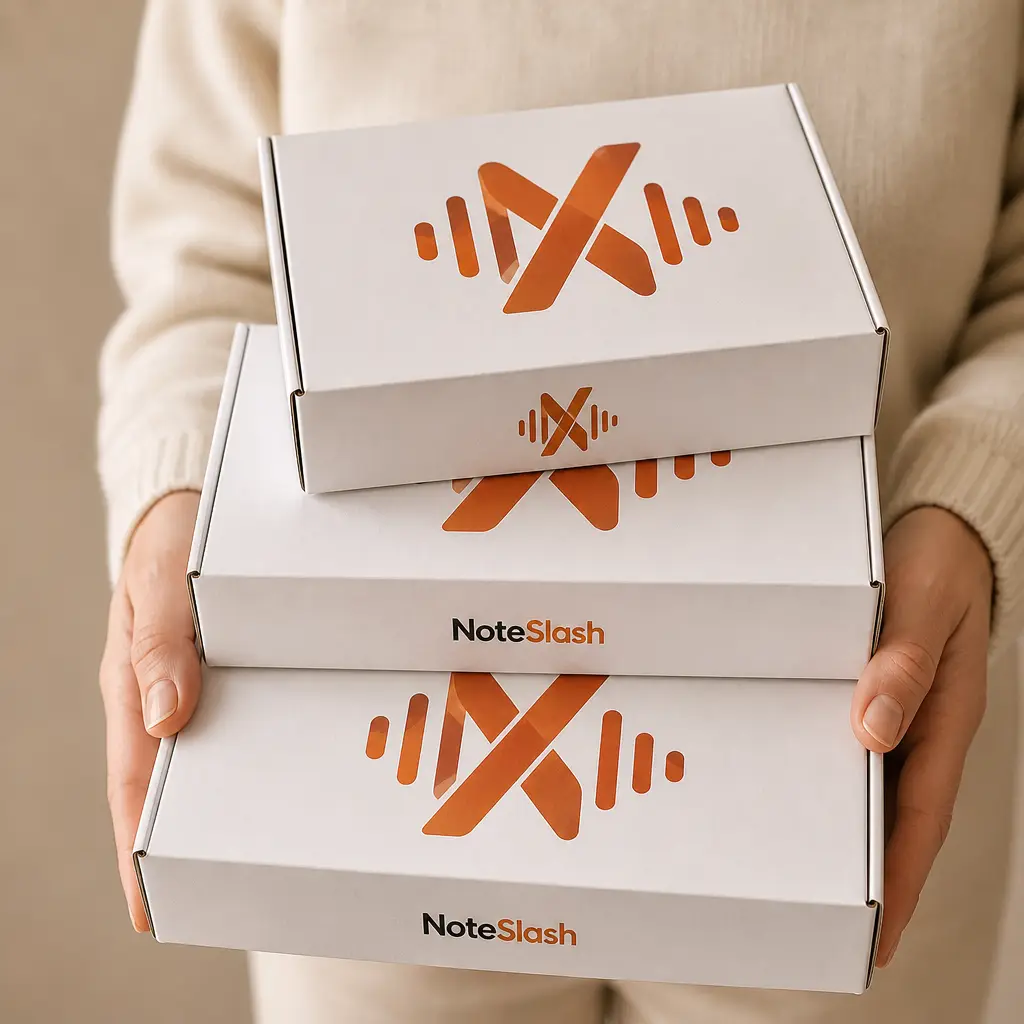 NoteSlash gift boxes in hand