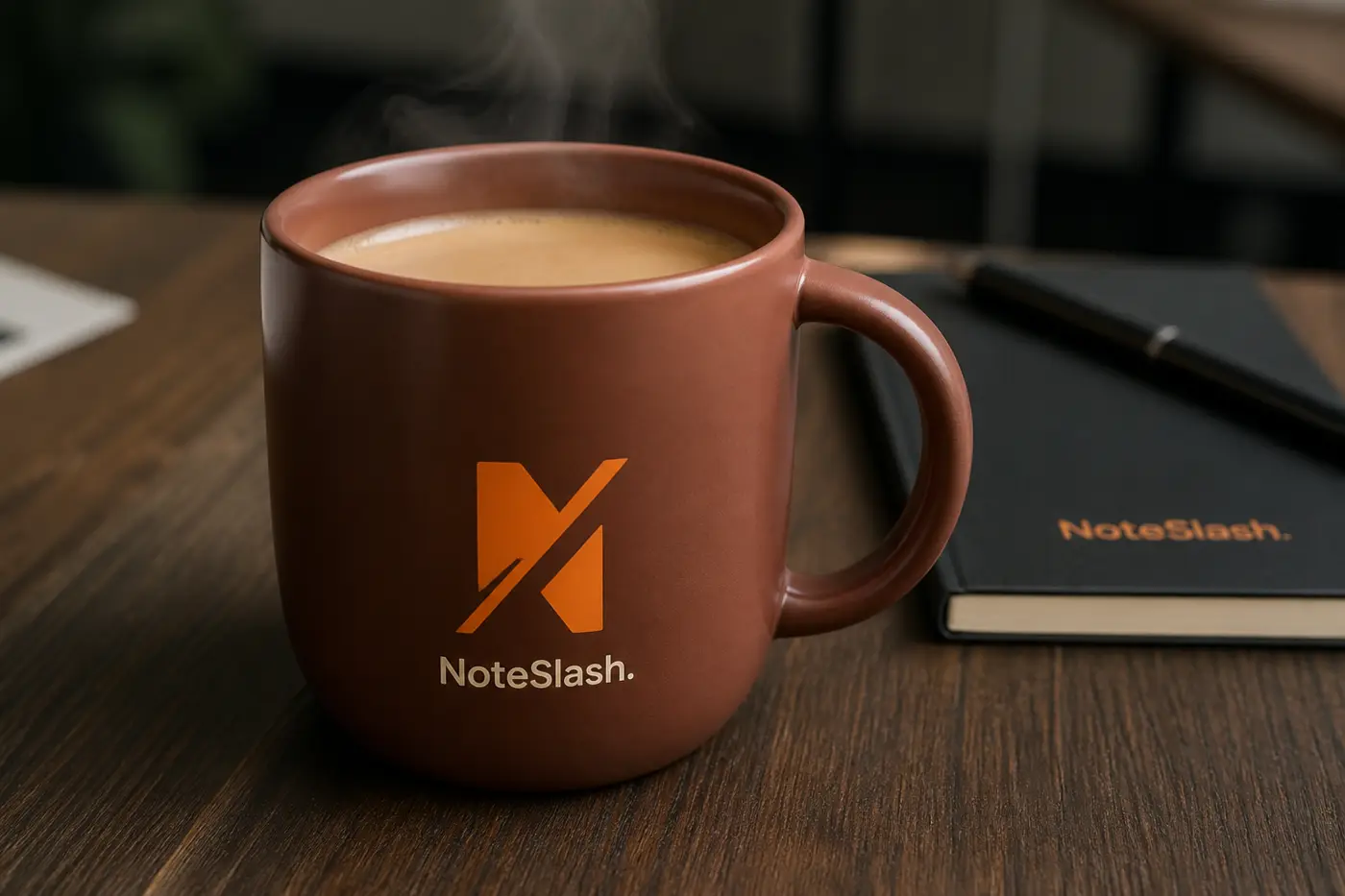 NoteSlash ceramic mug on oak